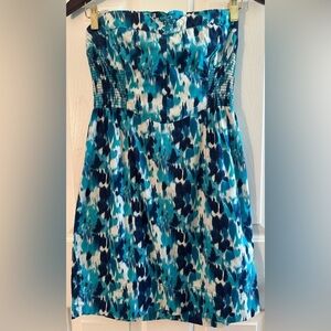FREE PEOPLE Sz 8 Blue Teal White Splatter Ikat Brushstroke Watercolor Mini Dress
